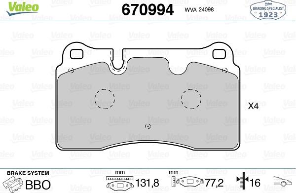 Valeo 670994 - Тормозные колодки, дисковые, комплект autosila-amz.com