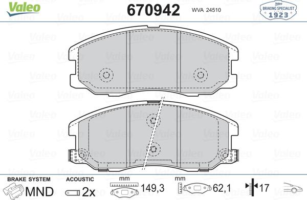 Valeo 670942 - Тормозные колодки, дисковые, комплект autosila-amz.com