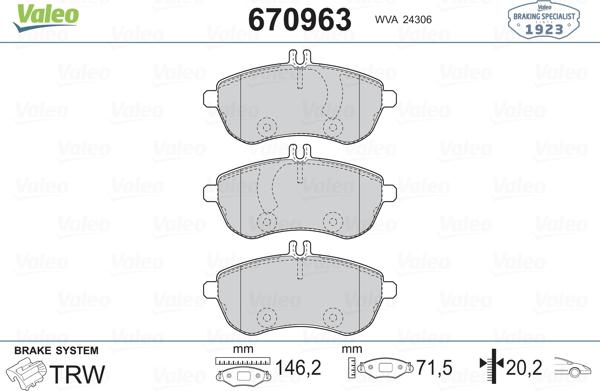 Valeo 670963 - Тормозные колодки, дисковые, комплект autosila-amz.com