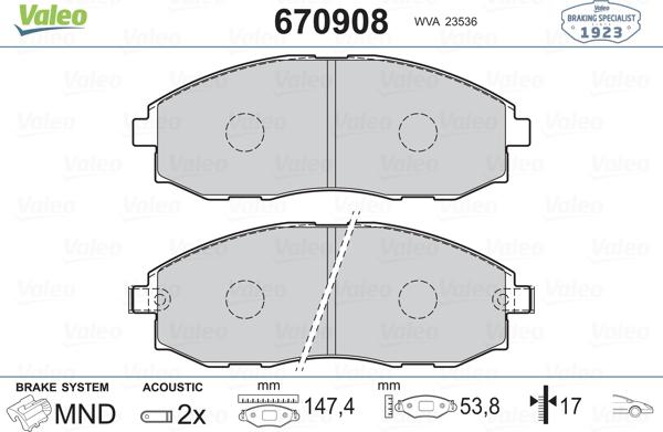 Valeo 670908 - Тормозные колодки, дисковые, комплект autosila-amz.com