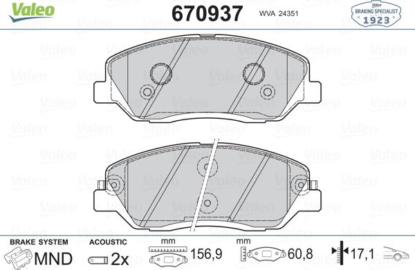 Valeo 670937 - Тормозные колодки, дисковые, комплект autosila-amz.com