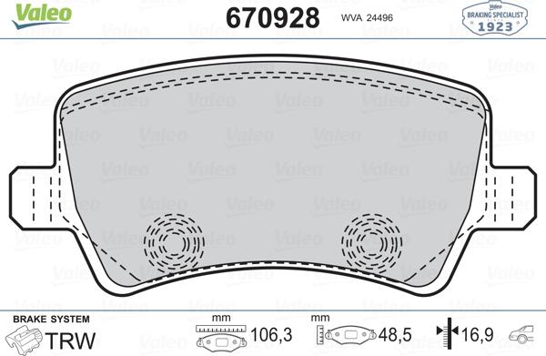 Valeo 670928 - Тормозные колодки, дисковые, комплект autosila-amz.com