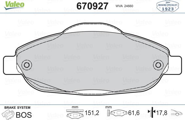 Valeo 670927 - Тормозные колодки, дисковые, комплект autosila-amz.com