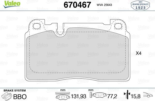 Valeo 670467 - Тормозные колодки, дисковые, комплект autosila-amz.com