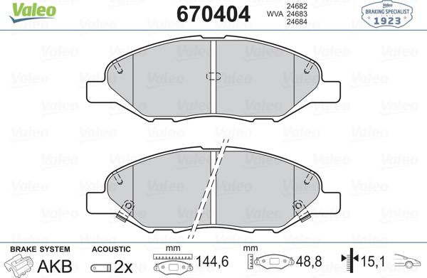 Valeo 670404 - Тормозные колодки, дисковые, комплект autosila-amz.com