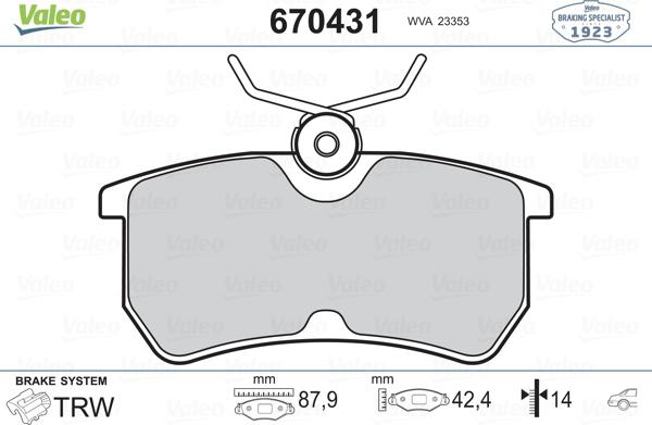 Valeo 670431 - Тормозные колодки, дисковые, комплект autosila-amz.com