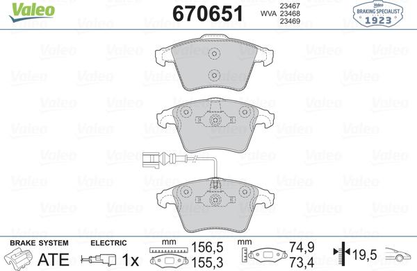 Valeo 670651 - Тормозные колодки, дисковые, комплект autosila-amz.com