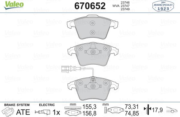 Valeo 670652 - Тормозные колодки, дисковые, комплект autosila-amz.com