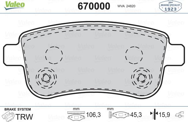Valeo 670000 - Тормозные колодки, дисковые, комплект autosila-amz.com
