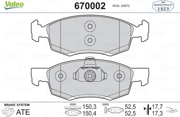 Valeo 670002 - Тормозные колодки, дисковые, комплект autosila-amz.com