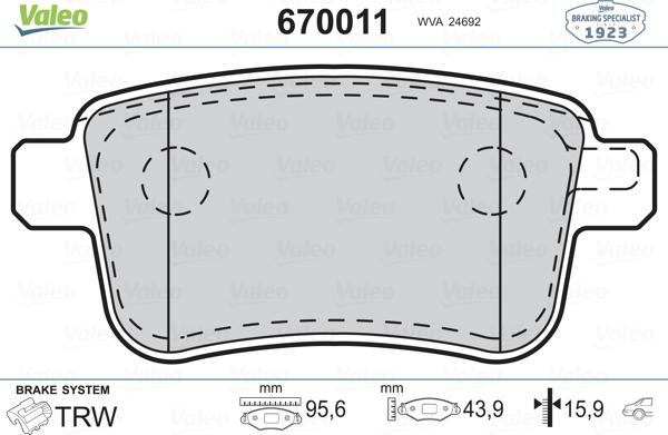 Valeo 670011 - Тормозные колодки, дисковые, комплект autosila-amz.com