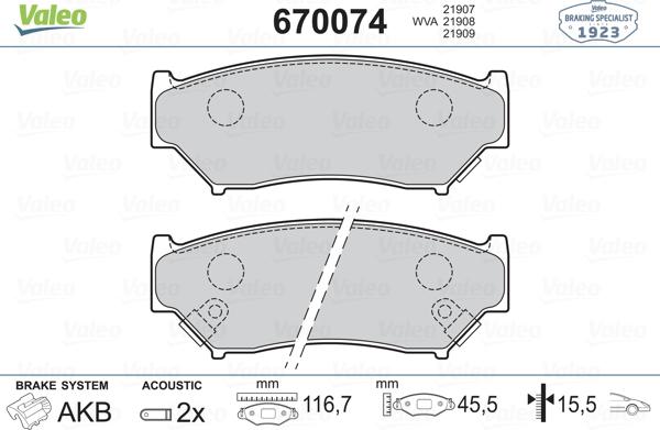 Valeo 670074 - Тормозные колодки, дисковые, комплект autosila-amz.com