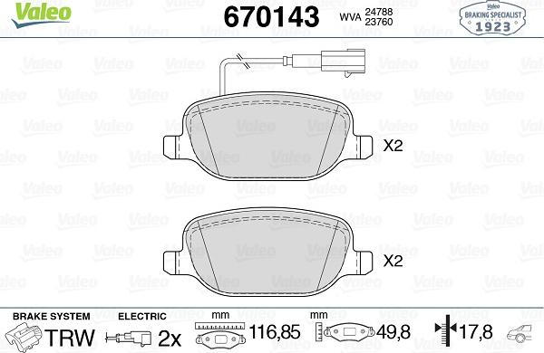 Valeo 670143 - Тормозные колодки, дисковые, комплект autosila-amz.com