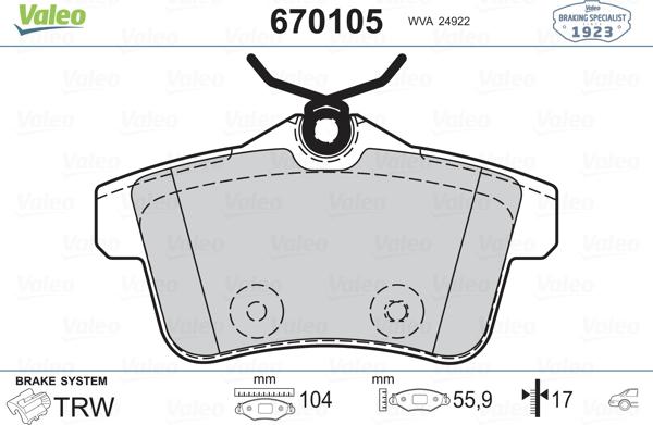 Valeo 670105 - Тормозные колодки, дисковые, комплект autosila-amz.com