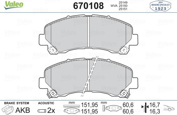 Valeo 670108 - Тормозные колодки, дисковые, комплект autosila-amz.com