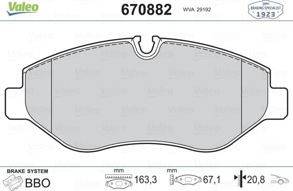 Valeo 670882 - Тормозные колодки, дисковые, комплект autosila-amz.com