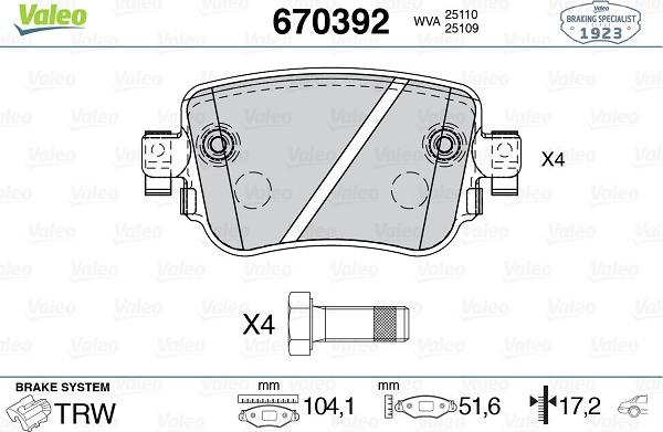 Valeo 670392 - Тормозные колодки, дисковые, комплект autosila-amz.com