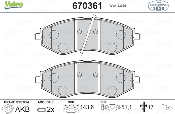 Valeo 670361 - Тормозные колодки, дисковые, комплект autosila-amz.com