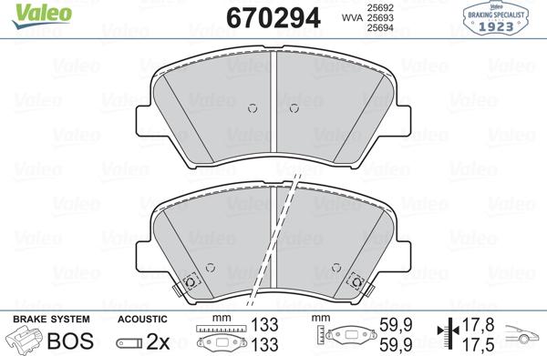 Valeo 670294 - Тормозные колодки, дисковые, комплект autosila-amz.com