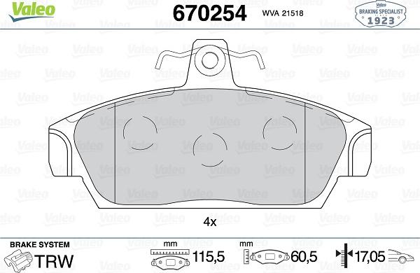 Valeo 670254 - Тормозные колодки, дисковые, комплект autosila-amz.com