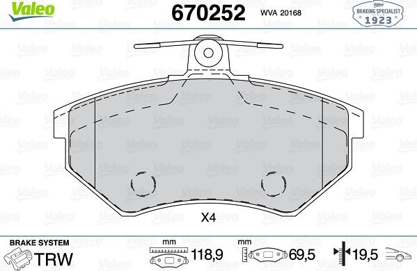 Valeo 670252 - Тормозные колодки, дисковые, комплект autosila-amz.com