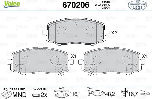 Valeo 670206 - Тормозные колодки, дисковые, комплект autosila-amz.com