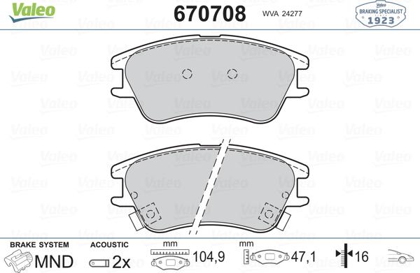 Valeo 670708 - Тормозные колодки, дисковые, комплект autosila-amz.com