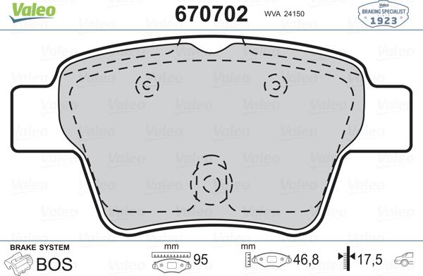 Valeo 670702 - Тормозные колодки, дисковые, комплект autosila-amz.com