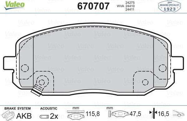 Valeo 670707 - Тормозные колодки, дисковые, комплект autosila-amz.com