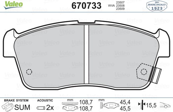 Valeo 670733 - Тормозные колодки, дисковые, комплект autosila-amz.com