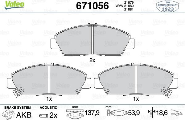 Valeo 671056 - Тормозные колодки, дисковые, комплект autosila-amz.com