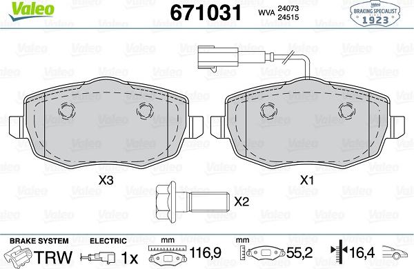 Valeo 671031 - Тормозные колодки, дисковые, комплект autosila-amz.com