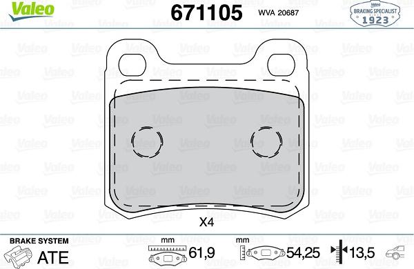 Valeo 671105 - Тормозные колодки, дисковые, комплект autosila-amz.com