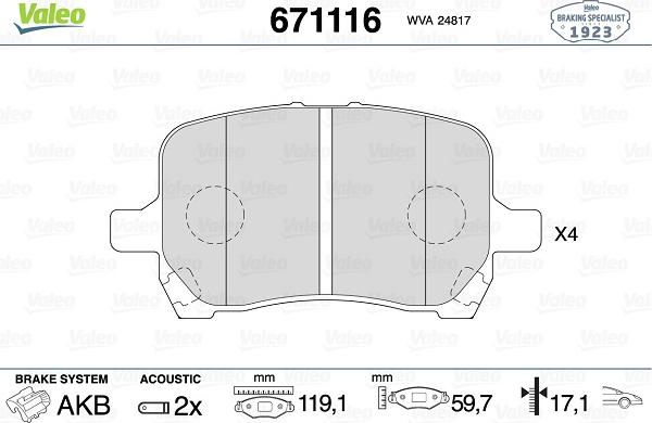 Valeo 671116 - Тормозные колодки, дисковые, комплект autosila-amz.com