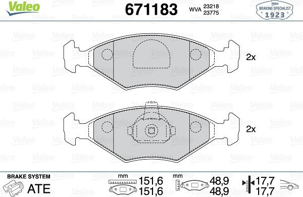 Valeo 671183 - Тормозные колодки, дисковые, комплект autosila-amz.com