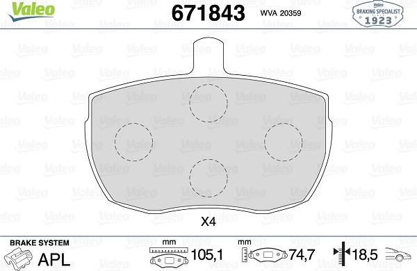 Valeo 671843 - Тормозные колодки, дисковые, комплект autosila-amz.com