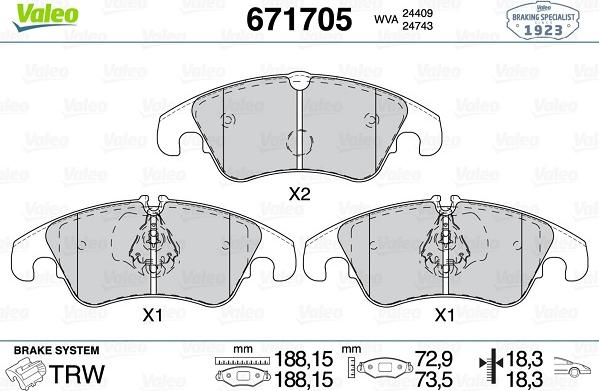 Valeo 671705 - Тормозные колодки, дисковые, комплект autosila-amz.com