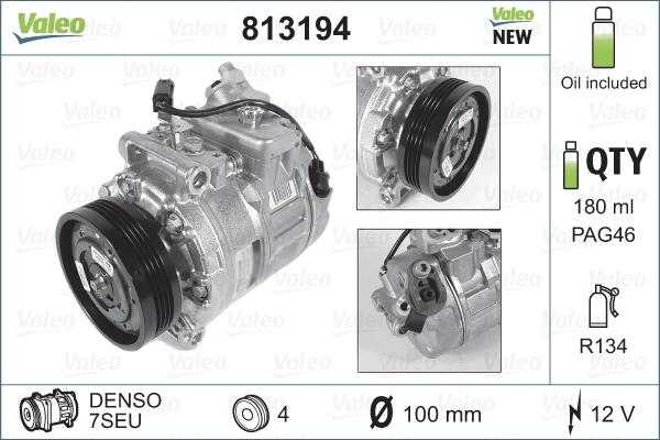 Valeo 813194 - Компрессор кондиционера BMW 5 (E60), 5 (E61), 7 (E65, E66, E67), X6 (F16, F86) 2.2-4.4 12.01-07.19 autosila-amz.com