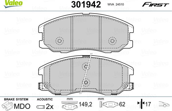 Valeo 301942 - Тормозные колодки, дисковые, комплект autosila-amz.com