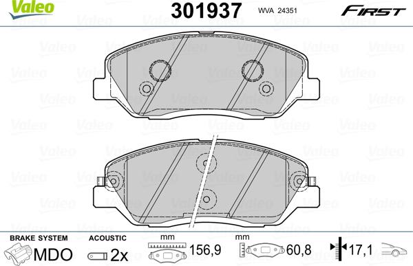 Valeo 301937 - Тормозные колодки, дисковые, комплект autosila-amz.com