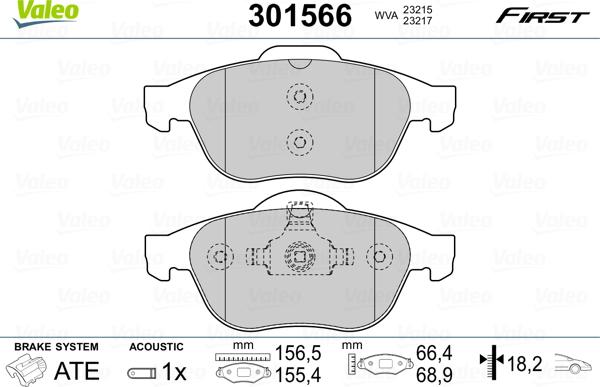 Valeo 301566 - Тормозные колодки, дисковые, комплект autosila-amz.com