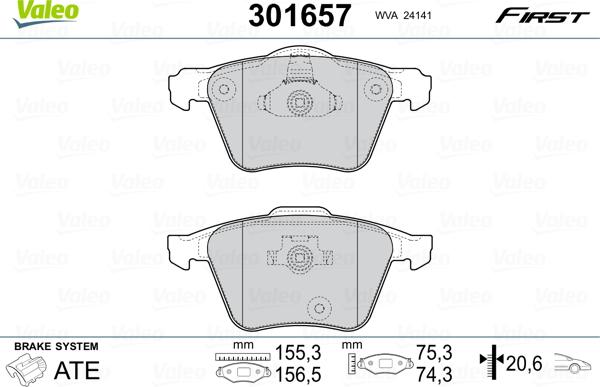 Valeo 301657 - Тормозные колодки, дисковые, комплект autosila-amz.com