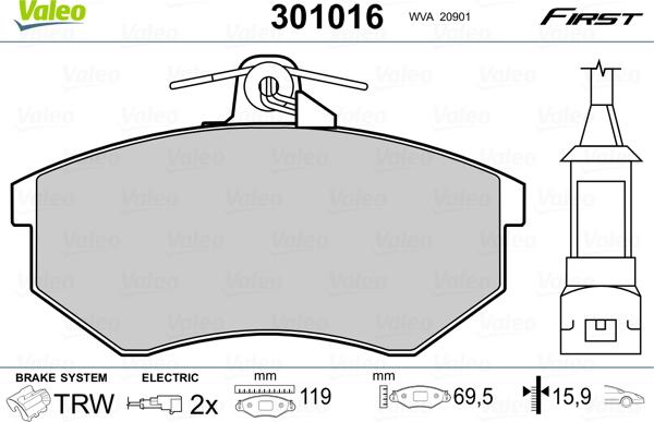 Valeo 301016 - Тормозные колодки, дисковые, комплект autosila-amz.com