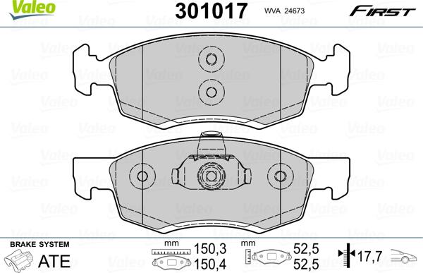 Valeo 301017 - Тормозные колодки, дисковые, комплект autosila-amz.com