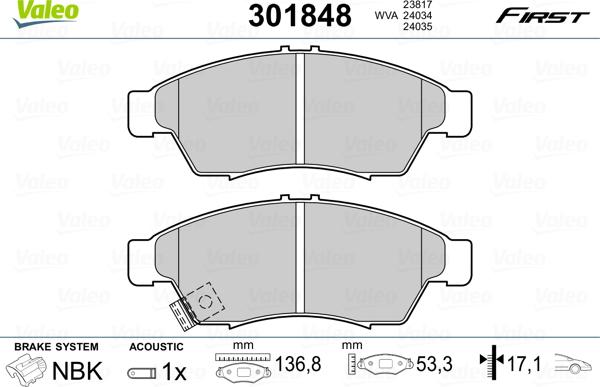 Valeo 301848 - Тормозные колодки, дисковые, комплект autosila-amz.com