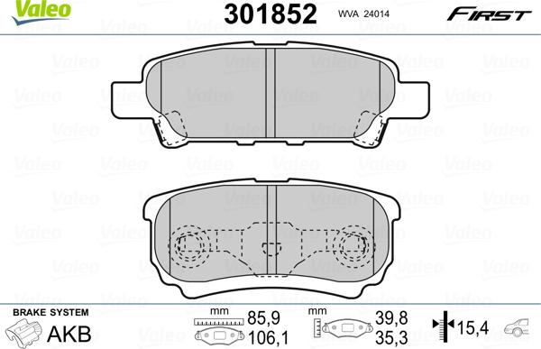 Valeo 301852 - Тормозные колодки, дисковые, комплект autosila-amz.com