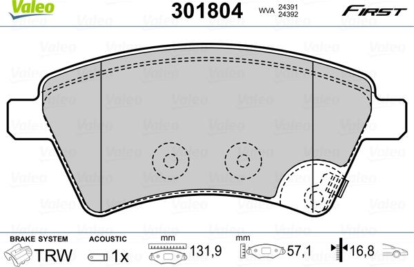 Valeo 301804 - Тормозные колодки, дисковые, комплект autosila-amz.com