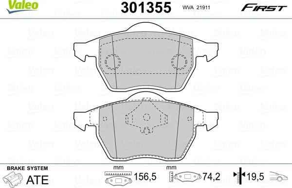 Valeo 301355 - Тормозные колодки, дисковые, комплект autosila-amz.com