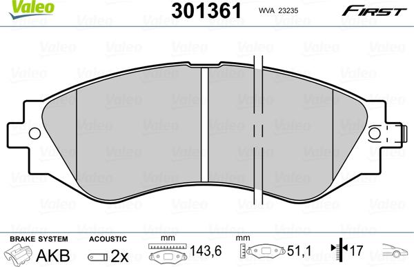 Valeo 301361 - Тормозные колодки, дисковые, комплект autosila-amz.com