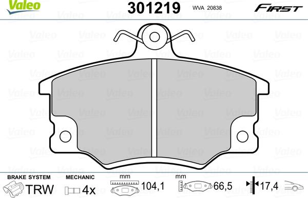 Valeo 301219 - Тормозные колодки, дисковые, комплект autosila-amz.com